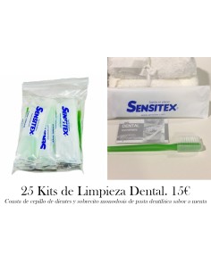 25 Kits de limpieza dental: Cepillo de dientes y sobrecito monodosis de pasta dentífrica sabor menta