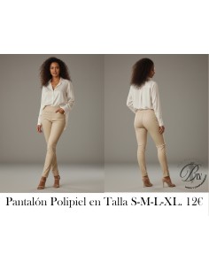 Pantalón largo de polipiel diseño ajustado con cintura alta y cierre elástico - PANTALON BEIGE POLIPIEL TALLE ALTO