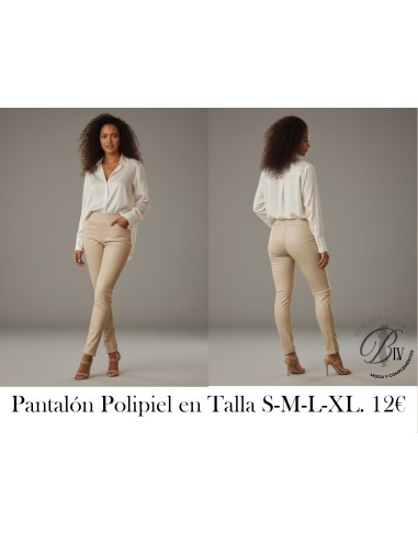 Pantalón largo de polipiel diseño ajustado con cintura alta y cierre elástico - PANTALON BEIGE POLIPIEL TALLE ALTO