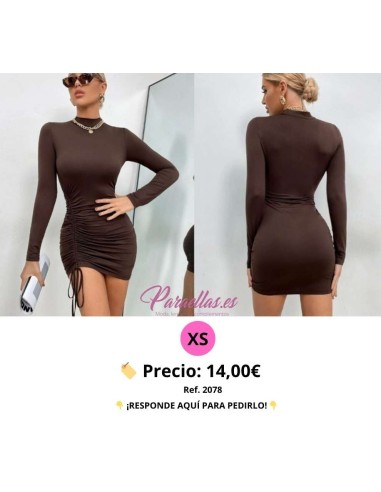 Vestido ajustado de cuello alto con cordón delantero - VESTIDO CAFE CORTO MANGA LARGA