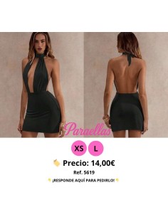 Vestido negro con cuello halter, recortes y espalda descubierta