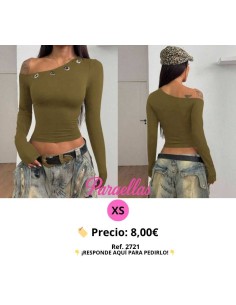 Blusa verde de manga larga ajustada con decoración de ojales