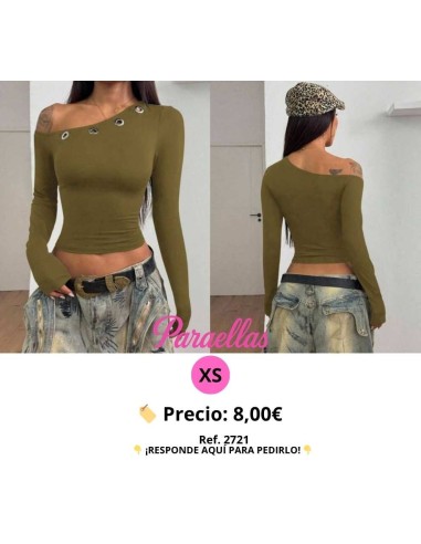 Blusa verde de manga larga ajustada con decoración de ojales