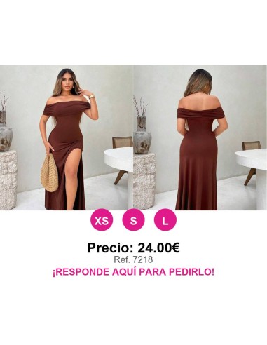 Vestido de hombros descubiertos con abertura lateral - VESTIDO MARRON SIN HOMBROS APERTURA LATERAL