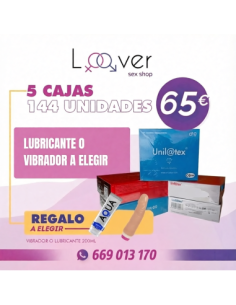 COMBO UNILATEX 5 CAJAS CON LUBRICANTE AQUA DE 200ML O VIBRADOR
