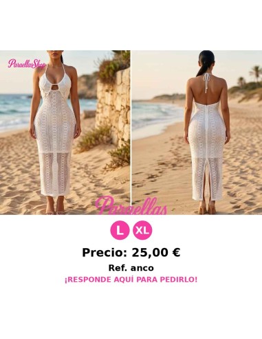 Vestido blanco largo de encaje con escote halter