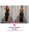 Vestido negro largo ajustado con escote en V, encaje y abertura lateral