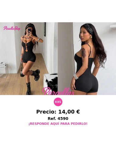 Enterizo negro corto de mujer con cortes y ojetes