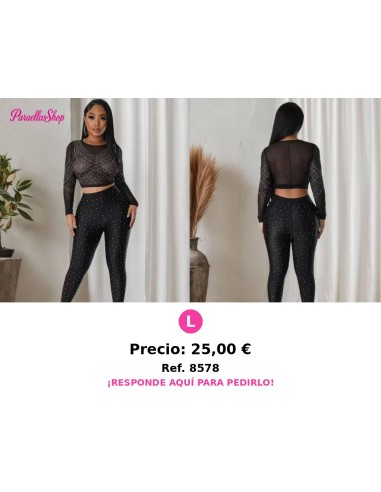 Conjunto de Dos Piezas para Verano con Top Transparente y Mangas Largas - CONJUNTO NEGRO BRILLANTE MANGA LARGA