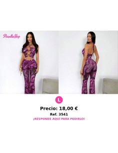 Set de 2 piezas con top de tirantes finos calado y contraste de color y pantalón largo - CONJUNTO MORADO ESTAMPADO