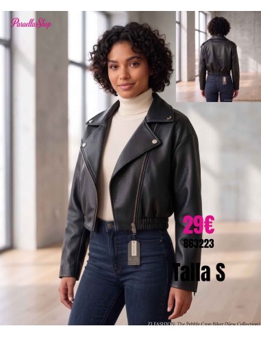 Chaqueta Biker Crop Efecto Piel Negra