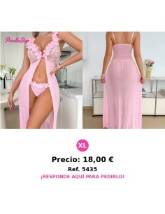 Camisola Transparente con Bordado de Encaje Rosa y Tanga de Talle Bajo