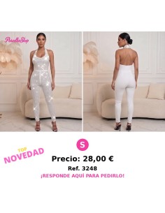 Mono Ajustado blanco con Pedrería Frontal y Cuello Halter