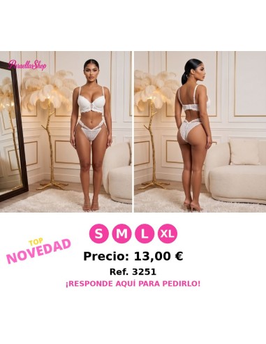 Conjunto de Lencería de Encaje Blanco con Detalles de Tiras