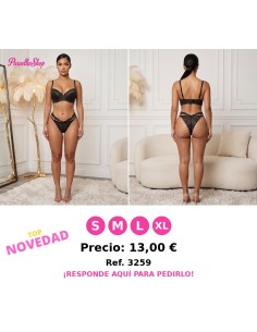 Conjunto de Lencería de Encaje Negro con Detalles de Tiras
