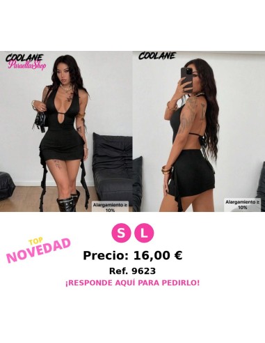 Vestido negro mini con escote halter y espalda descubierta,