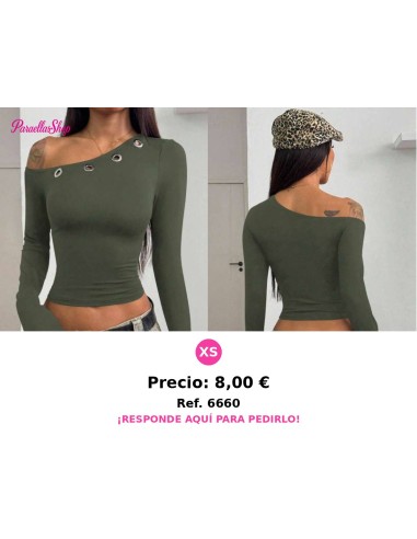 Camiseta de manga larga ajustada con decoración de ojales - CAMISA VERDE MILITAR MANGA LARGA ASIMETRICA
