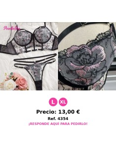 Conjunto de Lencería  Diseño de Rosas Grandes, Color Negro, Elegante y Sensual