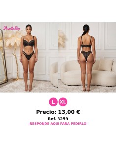 Conjunto de Lencería de Encaje Negro con Detalles de Tiras