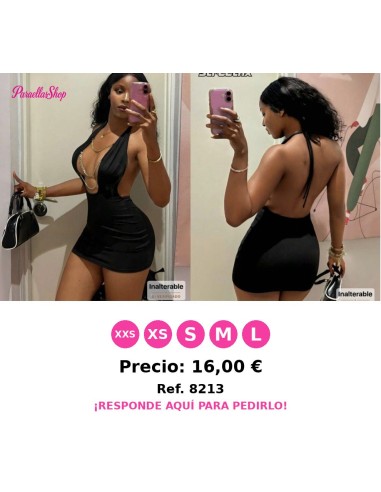 Vestido corto de mujer con cuello en V profundo, halter y decoración de cadena