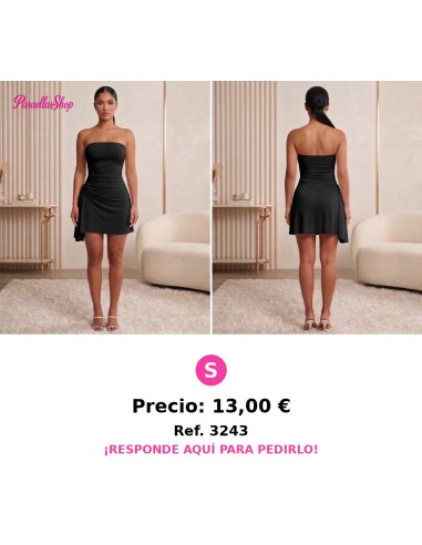 Mini Vestido Strapless Negro con Drapeado Asimétrico