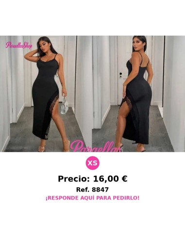 Vestido negro largo ajustado con escote en V, encaje y abertura lateral