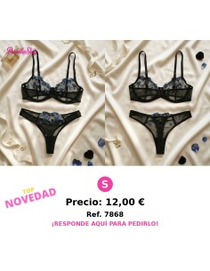 Conjunto de lenceria de malla azul  y negro