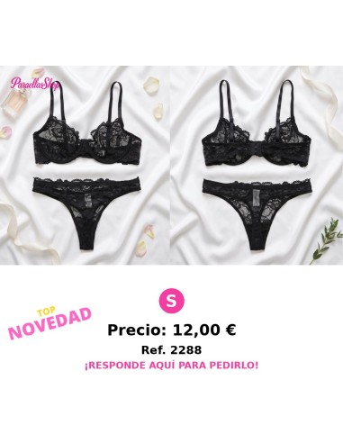 Conjunto de lenceria  de encaje negro de dos piezas