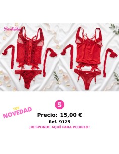 Corsé rojo con bordados florales negros, ligueros y medias a juego