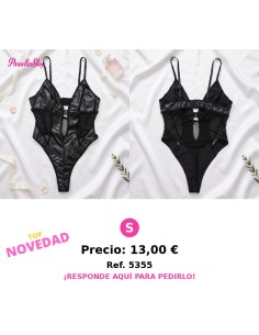 Body negro de efecto piel con paneles de malla y escote profundo