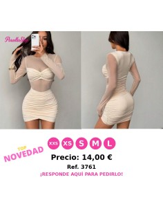 Vestido mini sexy de malla transparente con cuello redondo