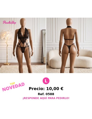 Body Lencero de Encaje Negro con Cuello Halter y Ligas Integradas