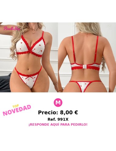 Set Lencería Sexy Conjunto de Tangas y Brasier Jacquard con Lazo de Corazón