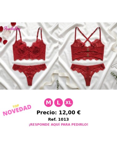 Conjunto de Lencería Roja de Encaje con Botones Frontales y Espalda Cruzada