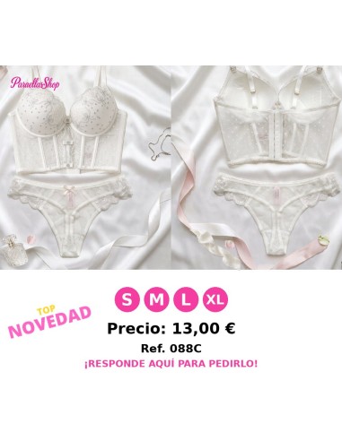 Conjunto de Lencería Tipo Bustier Blanco con Malla Plumeti y Bordados