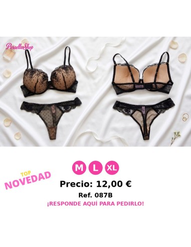 Sujetador Acolchado y Braguita de Malla Negra con Panel Frontal Decorado