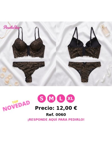 Conjunto de Lencería de Encaje Negro Estilo Bustier con Fondo Marrón