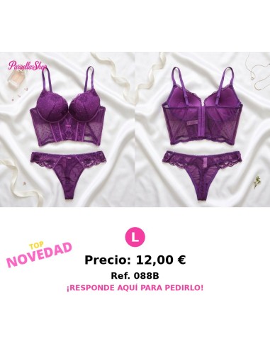 Conjunto de Lencería Tipo Bustier Morado con Encaje Floral y Malla Plumet